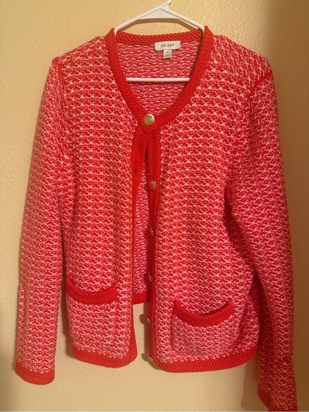 Textured Coral-Pink Knit Cardigan with Gold Buttons
